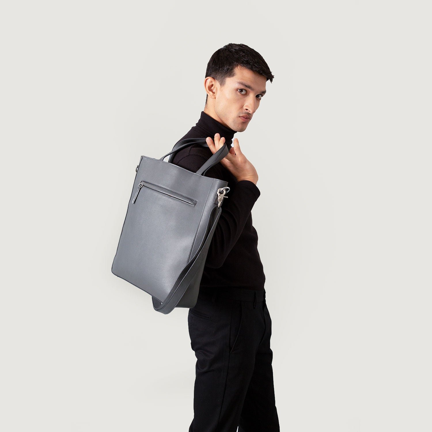 The Poet Grey Leather Tote Bag - Image 6