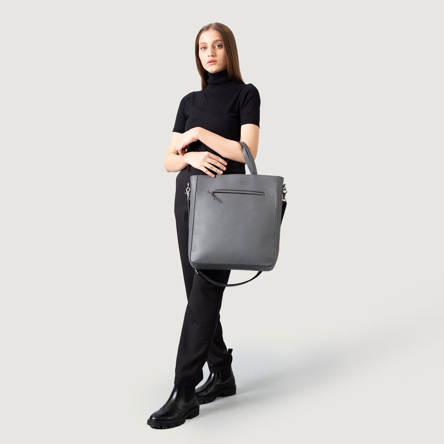 The Poet Grey Leather Tote Bag - Image 10