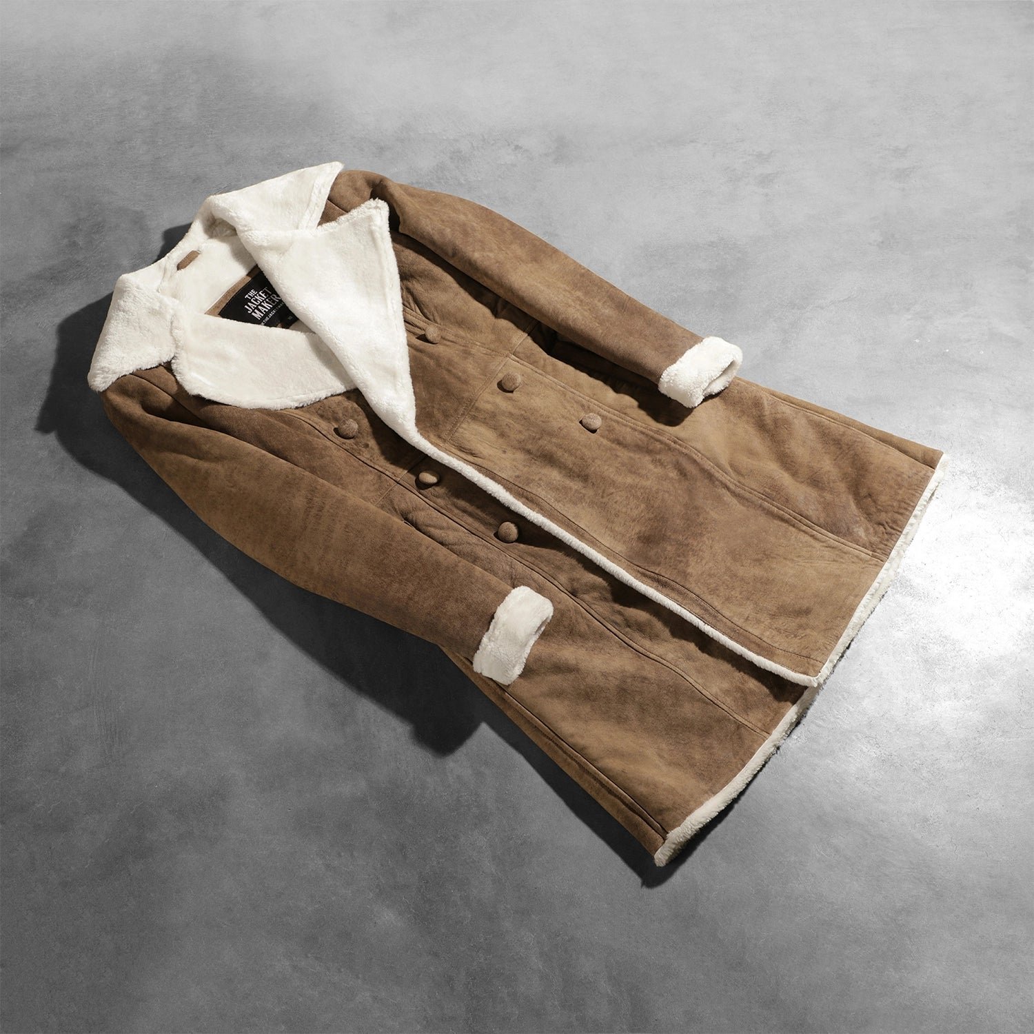 Amie Distressed Brown Double Breasted Shearling Coat - Image 7