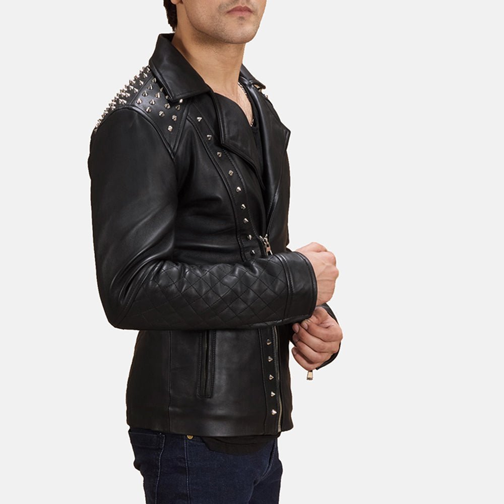 Black Studded Leather Biker Jacket - Image 6