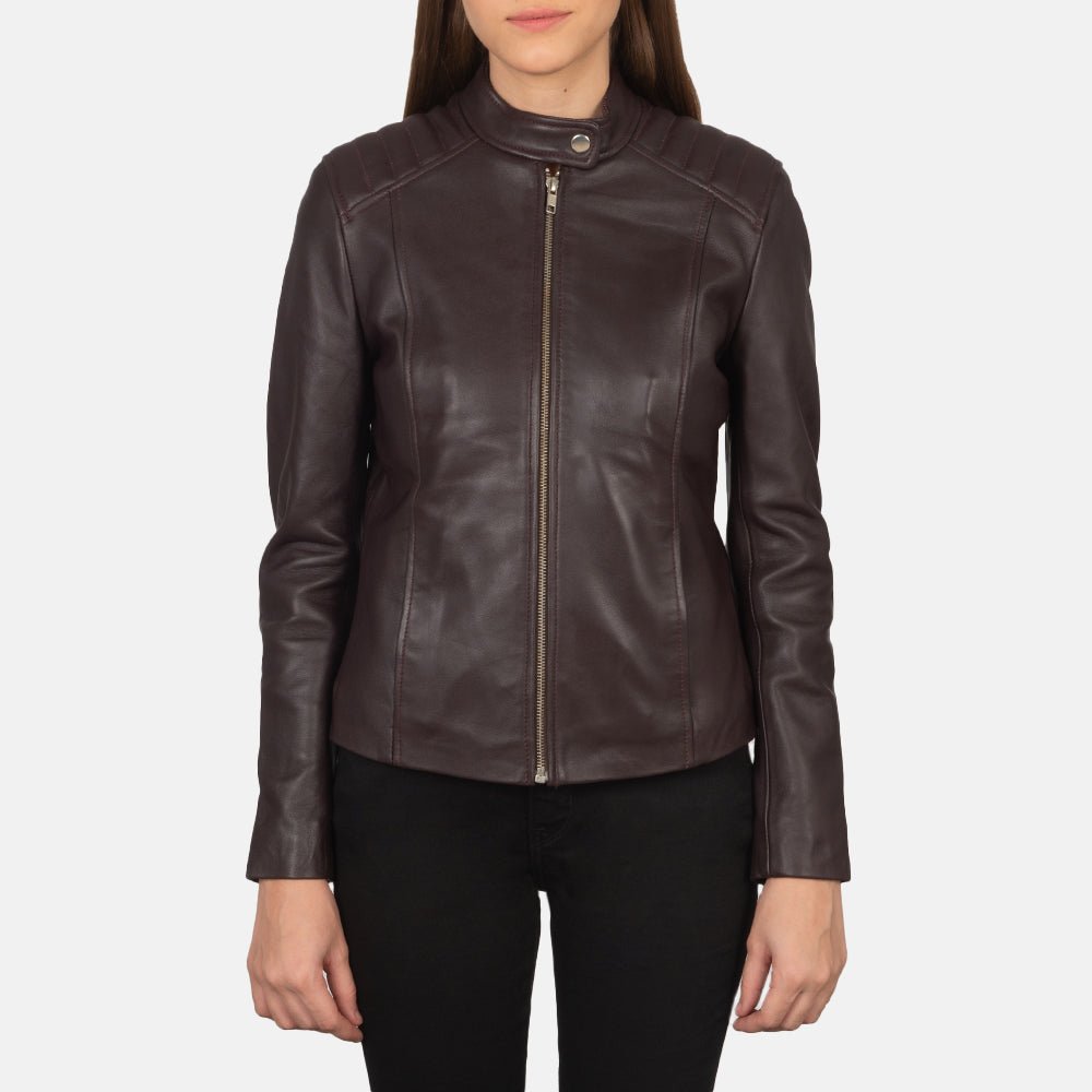Kelsee Maroon Leather Biker Jacket - Image 4