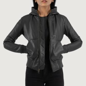 Luna Black Hooded Leather Bomber Jacket