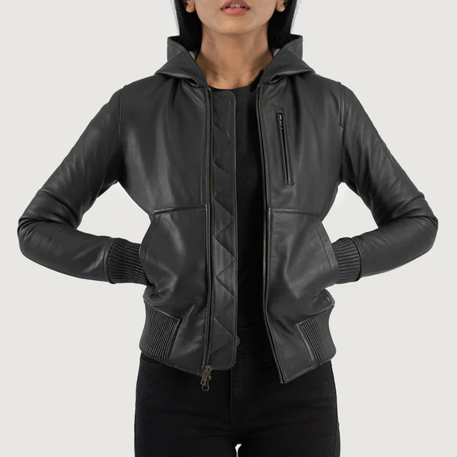 Luna Black Hooded Leather Bomber Jacket