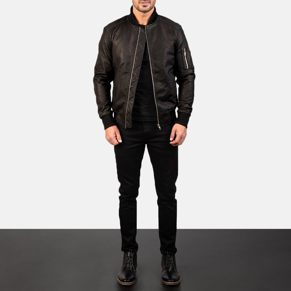 Bomia Ma-1 Distressed Black Leather Bomber Jacket - Image 2