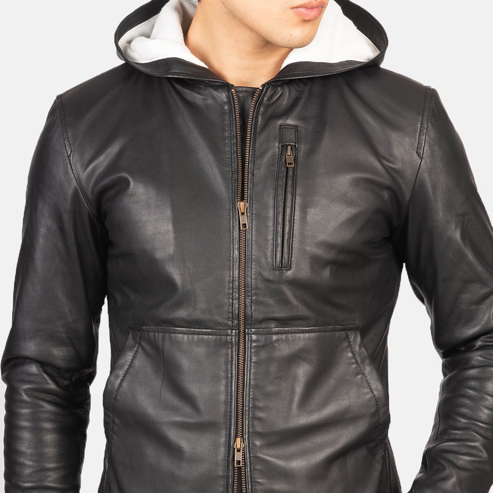 Baston Black Hooded Leather Bomber Jacket - Image 6