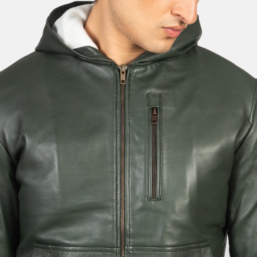 Baston Green Hooded Leather Bomber Jacket - Image 6