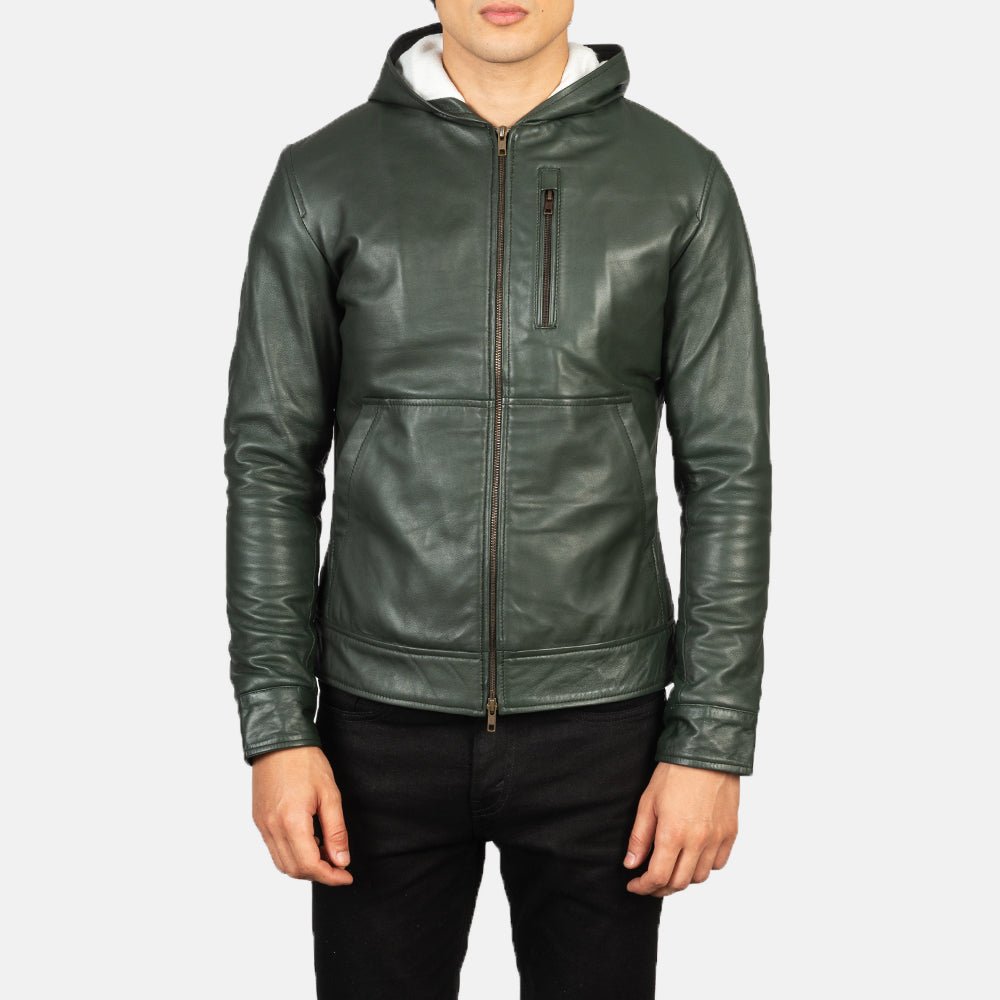 Baston Green Hooded Leather Bomber Jacket - Image 4