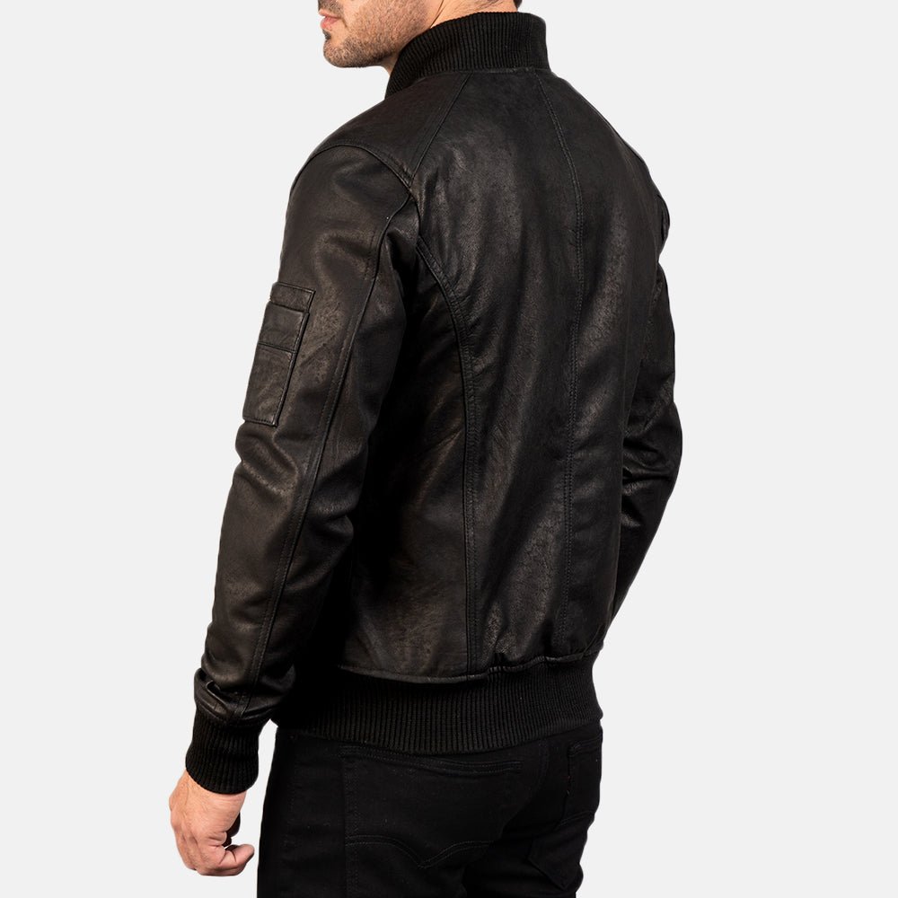Bomia Ma-1 Distressed Black Leather Bomber Jacket - Image 4