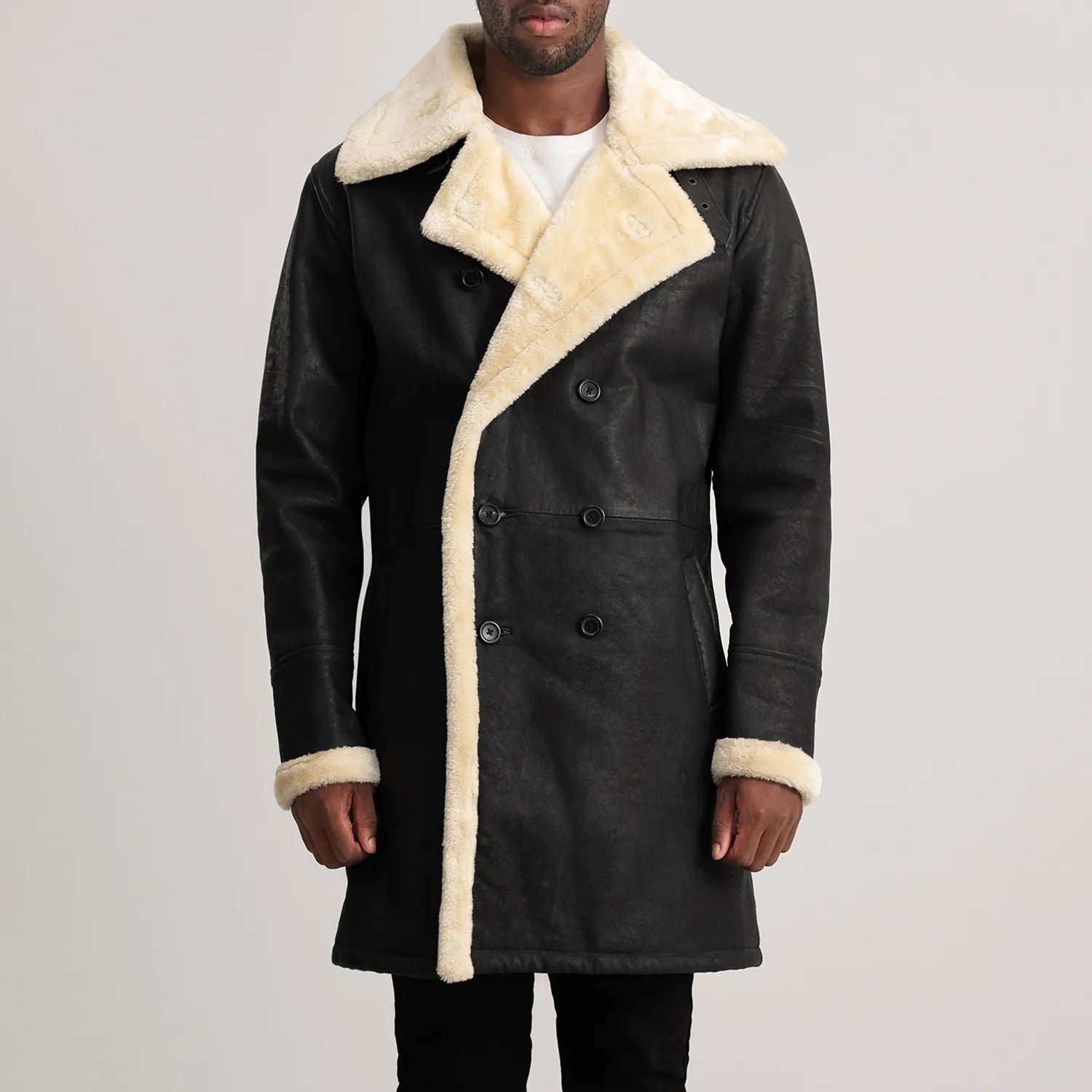 Charles Tumbled Black Leather Shearling Double-Breasted Coat - Image 4
