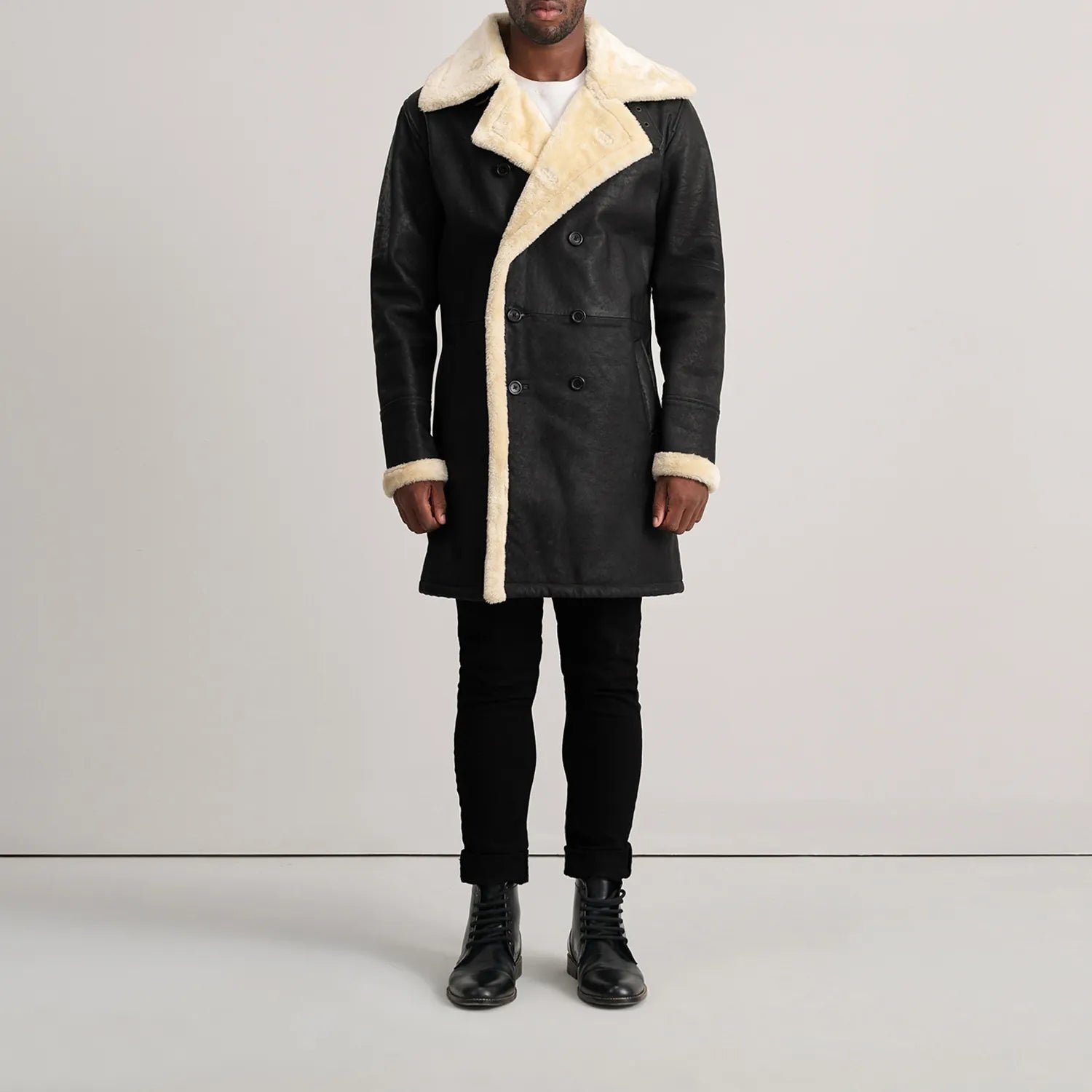 Charles Tumbled Black Leather Shearling Double-Breasted Coat - Image 3
