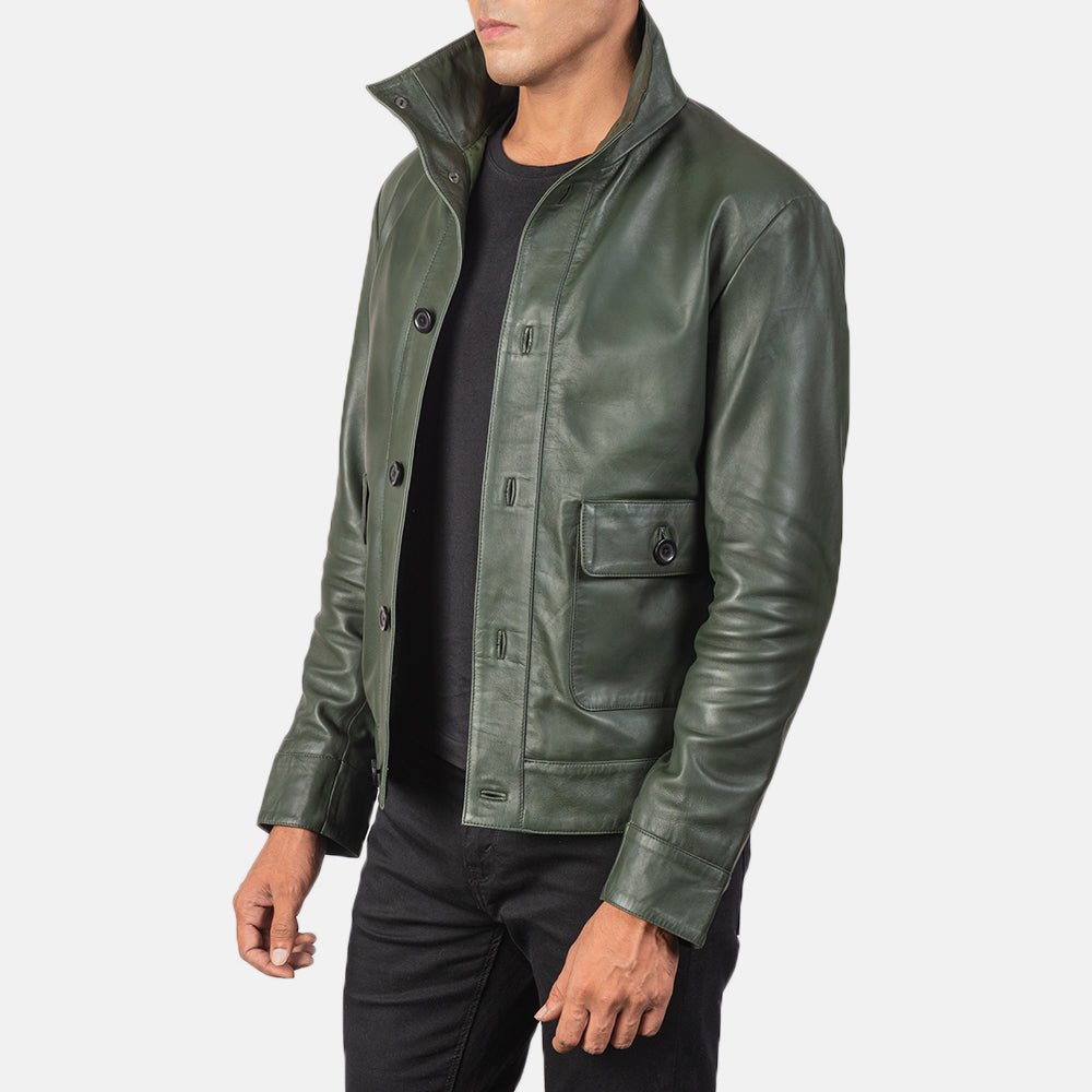Columbus Green Leather Bomber Jacket - Image 2