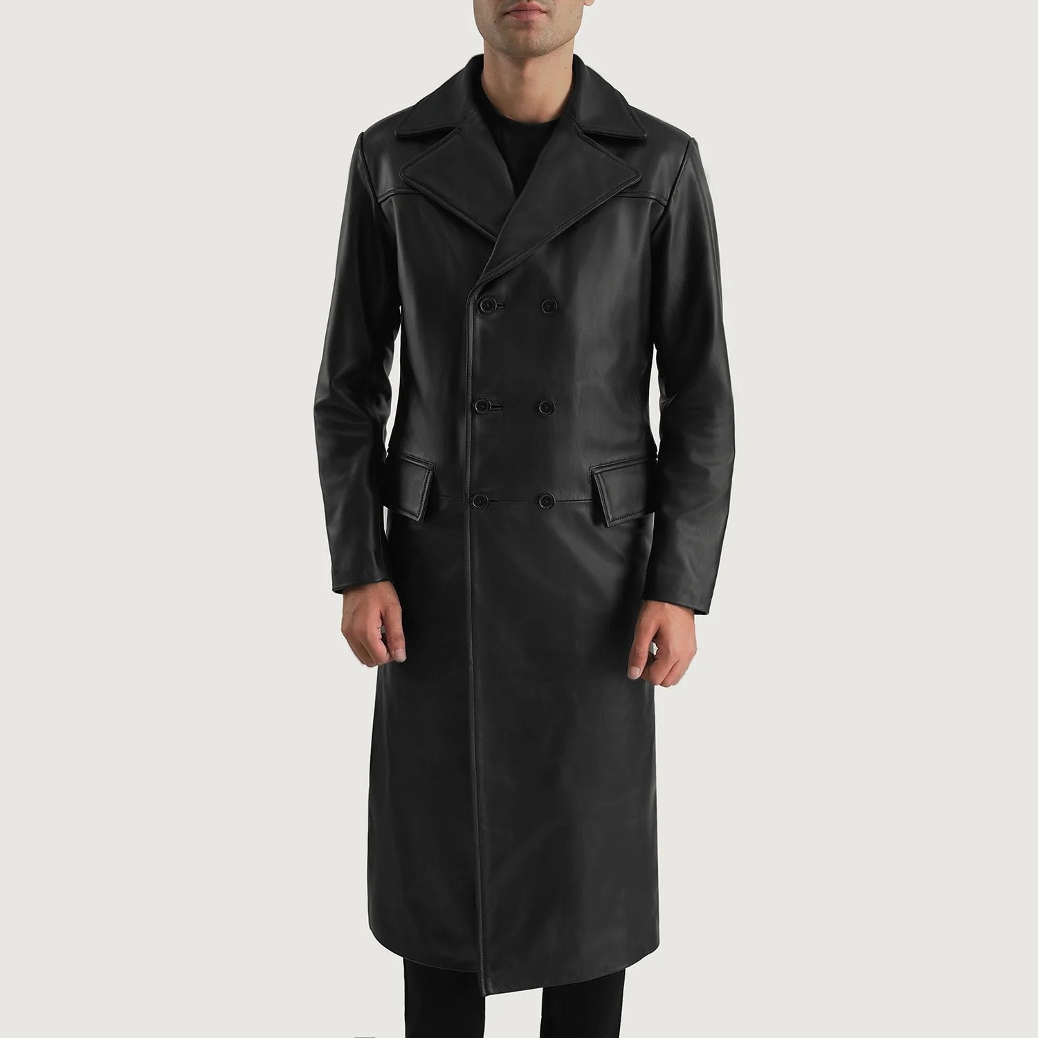 Delmar Black Leather Double Breasted Coat - Image 4