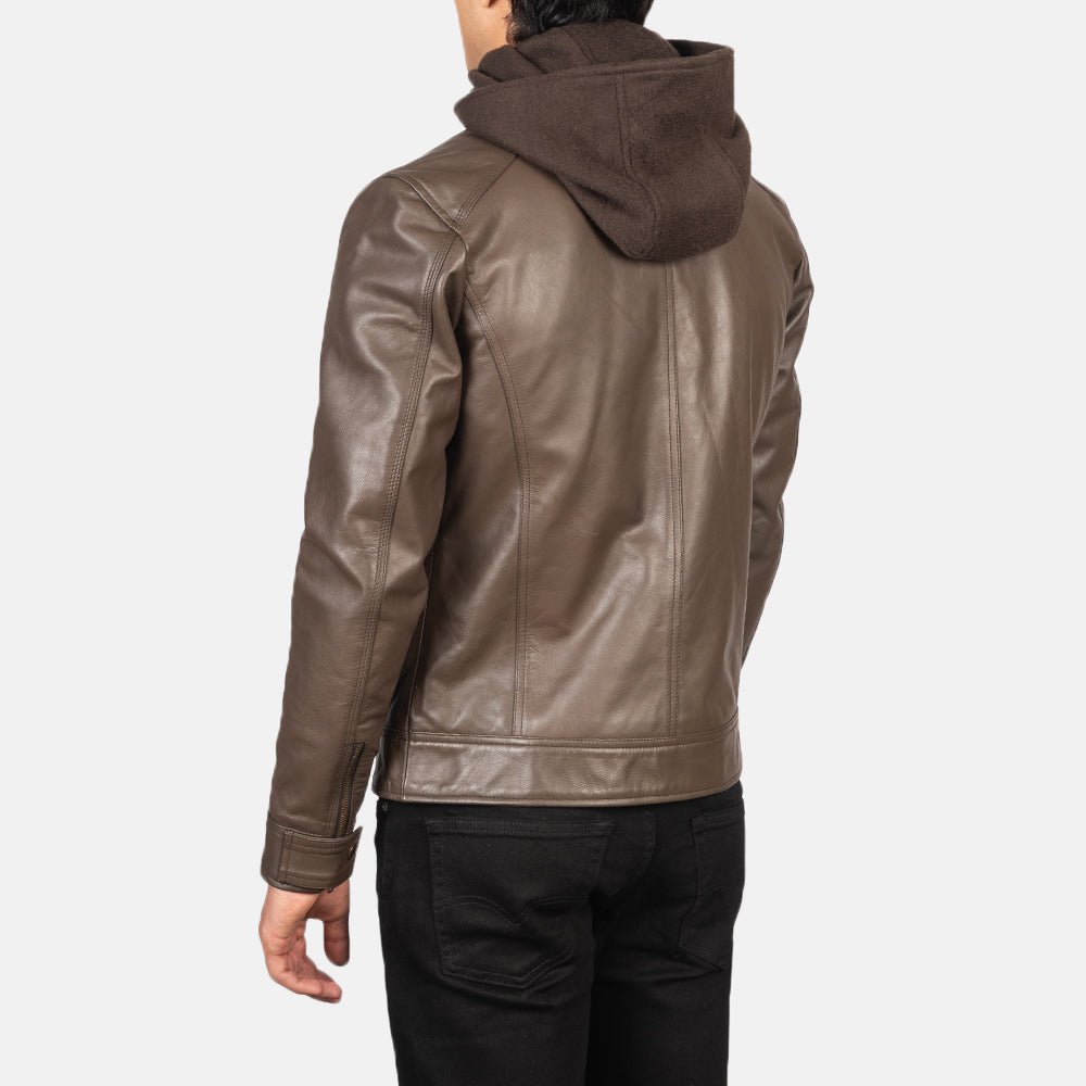 Hector Brown Hooded Leather Biker Jacket - Image 5