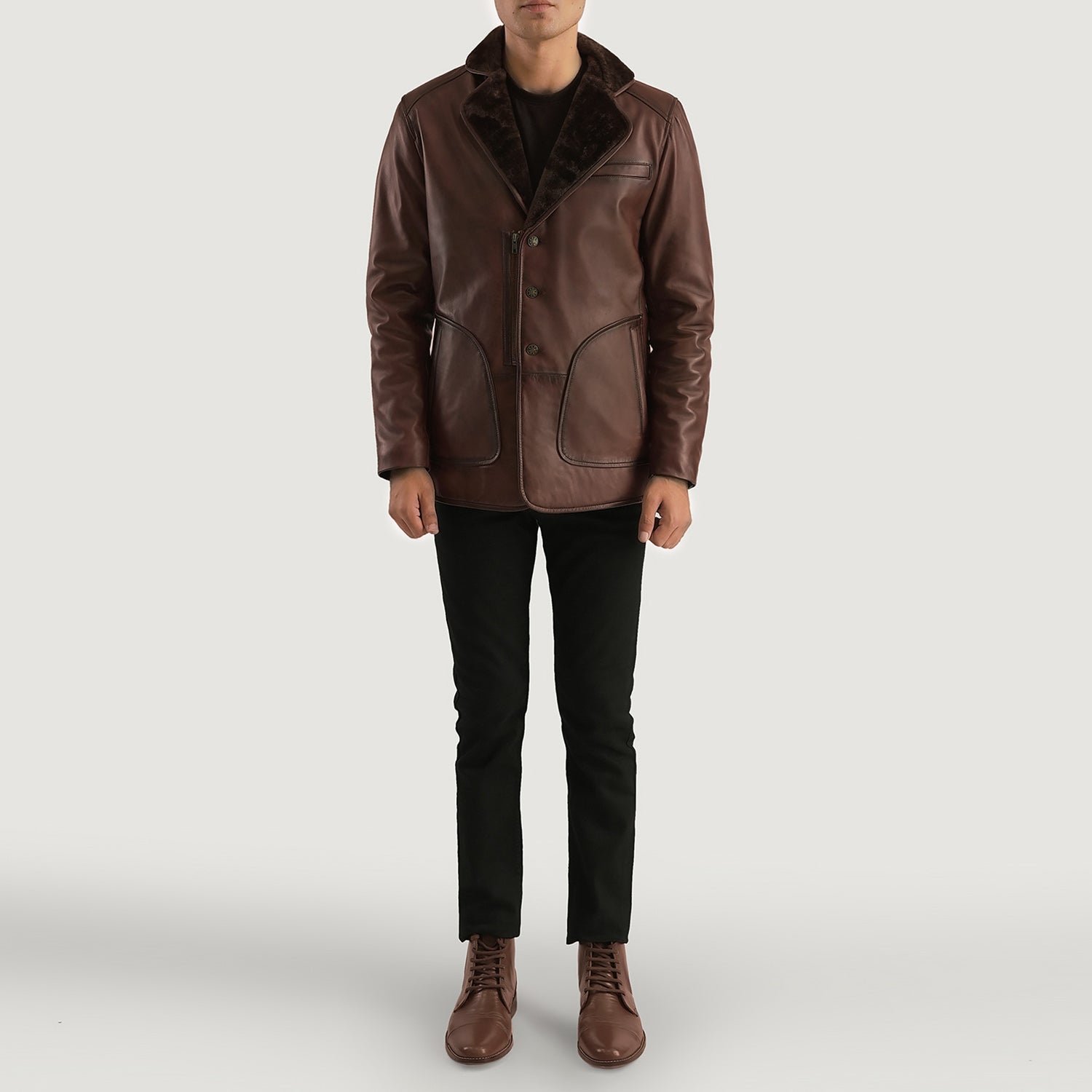Rocky Brown Fur Leather Coat - Image 4