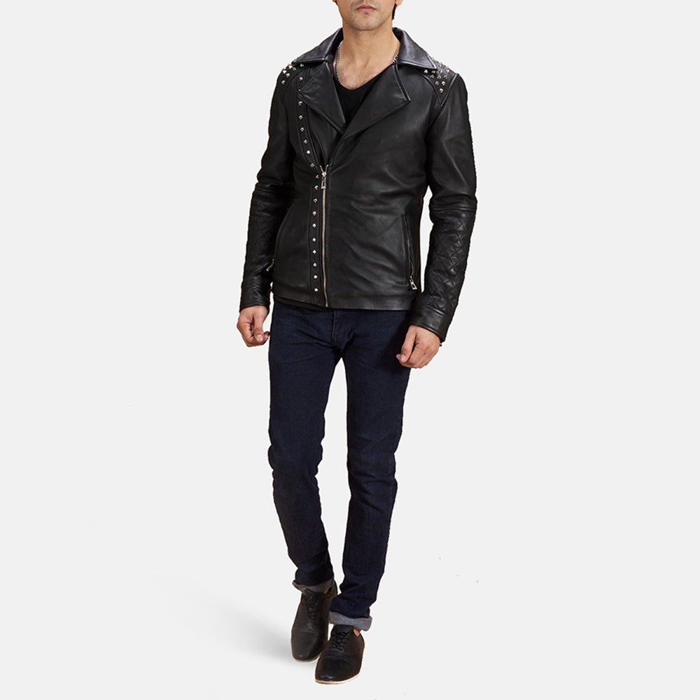 Black Studded Leather Biker Jacket - Image 3