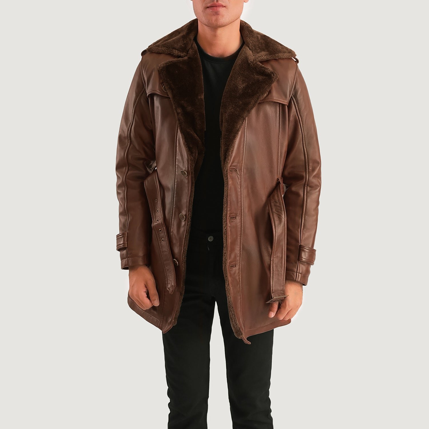 Hunter Distressed Brown Fur Leather Coat - Image 3