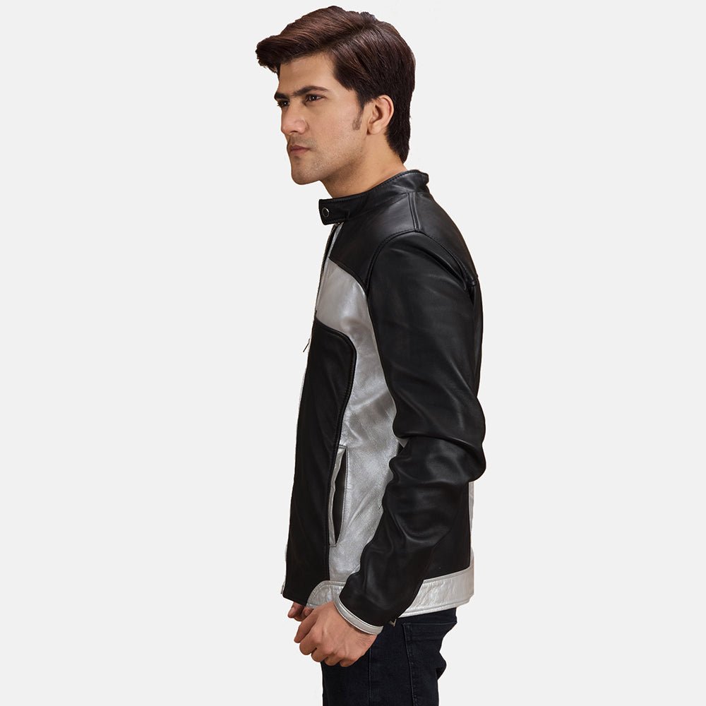 Randolf Silver Black Leather Biker Jacket - Image 2
