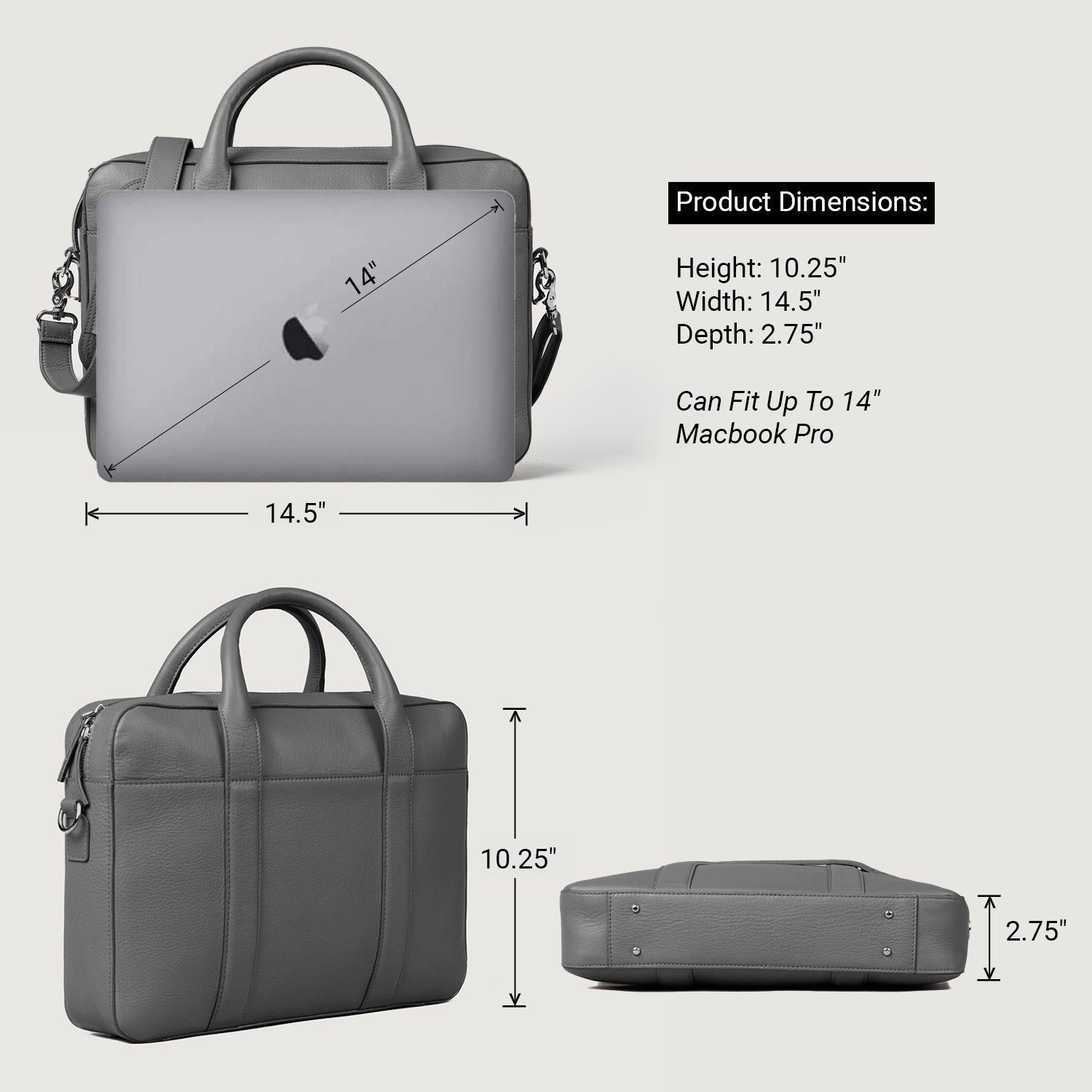 The Captain Grey Leather Briefcase - Image 3
