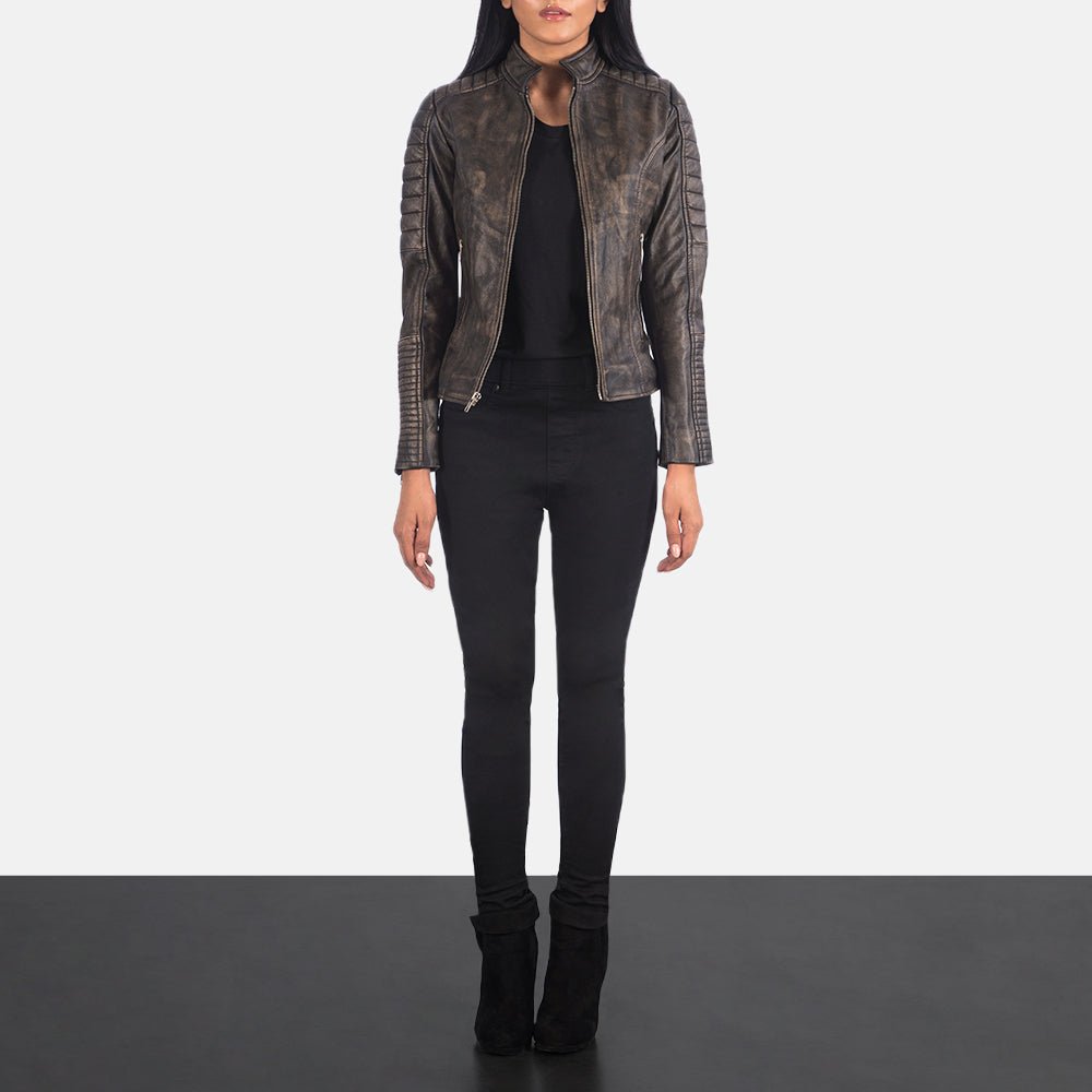Adalyn Quilted Distressed Brown Leather Biker Jacket - Image 3