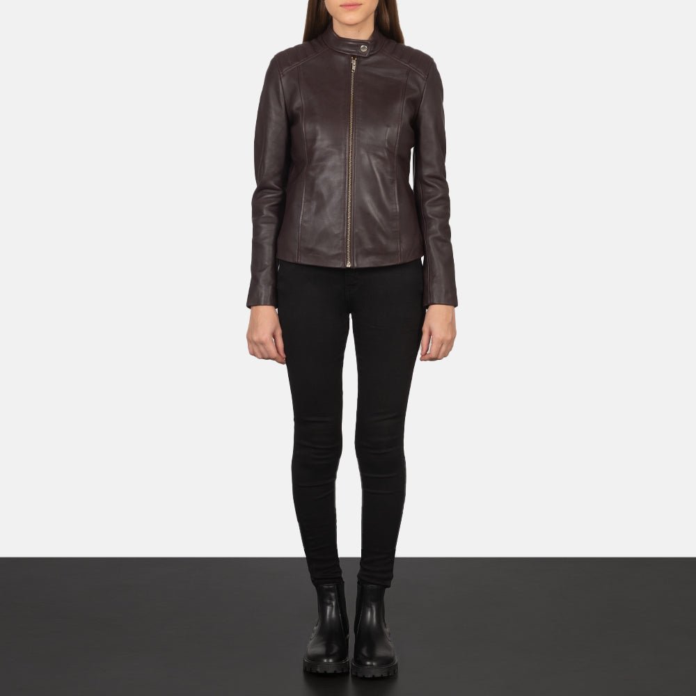 Kelsee Maroon Leather Biker Jacket - Image 3