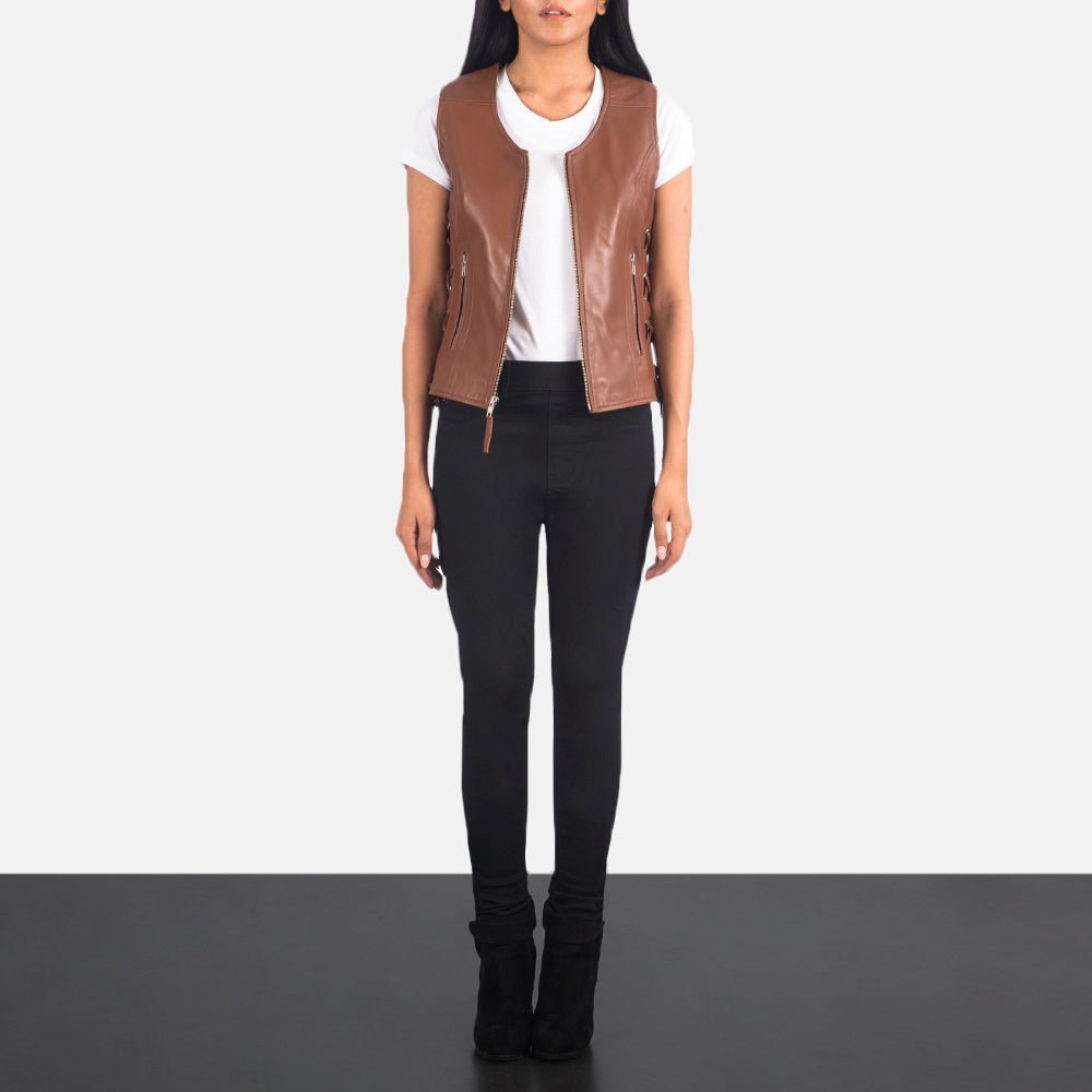 Vanda Brown Leather Biker Vest - Image 3