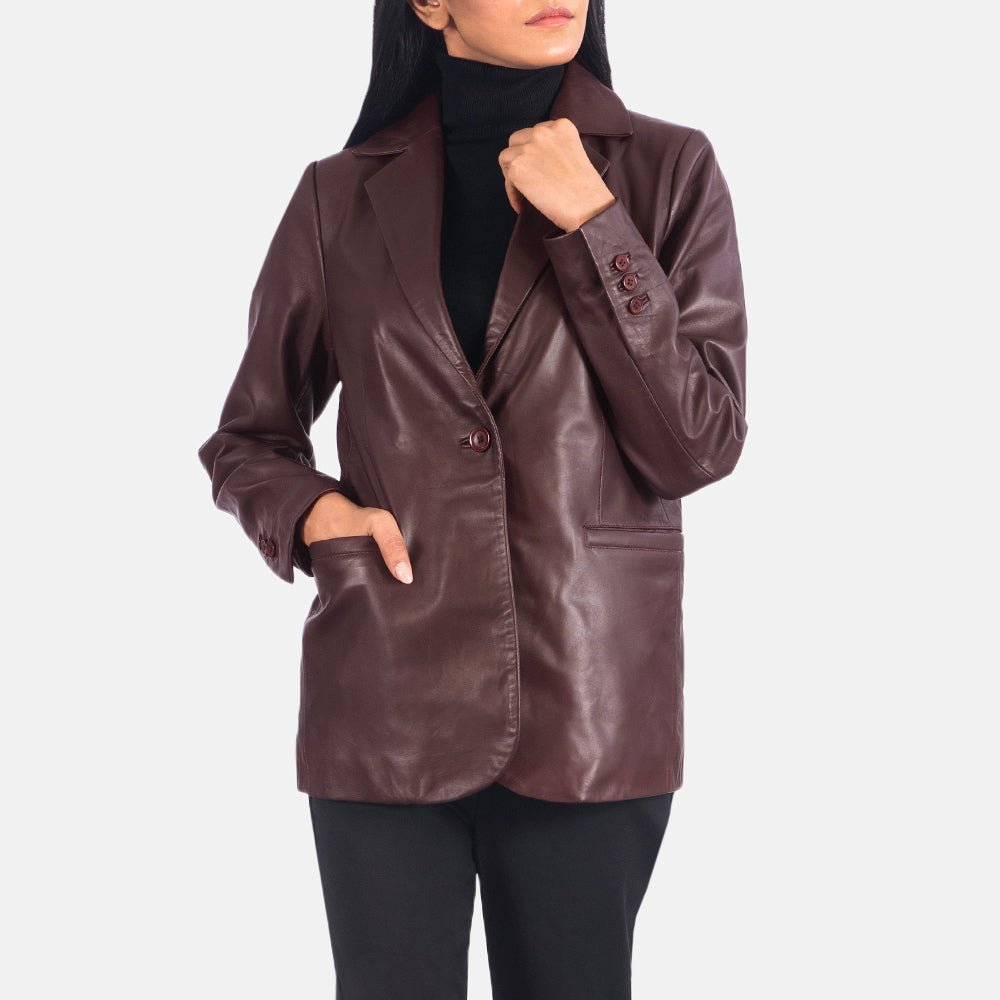 Norma Maroon Leather Blazer - Image 4