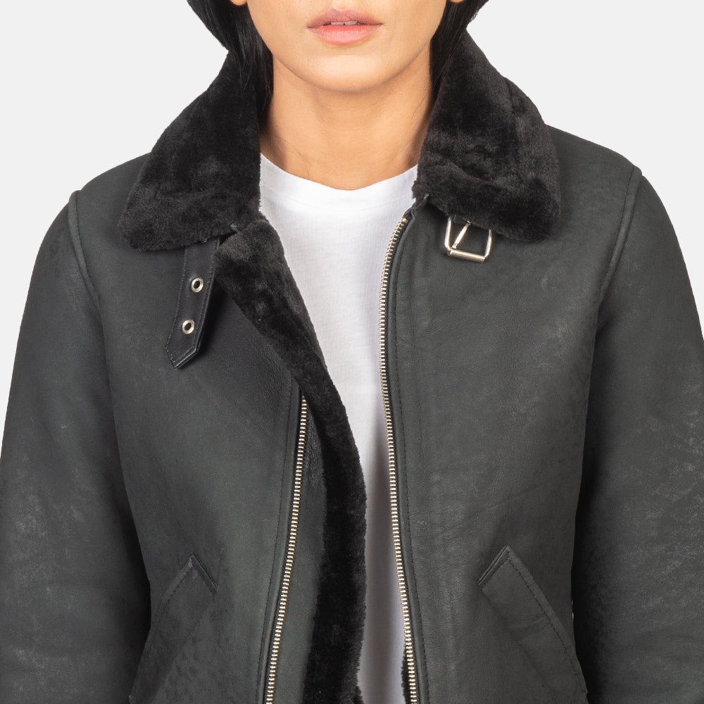 Sherilyn B-3 Distressed Black Leather Bomber Jacket - Image 6