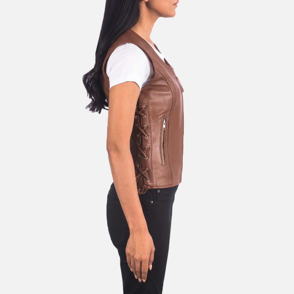 Vanda Brown Leather Biker Vest - Image 2