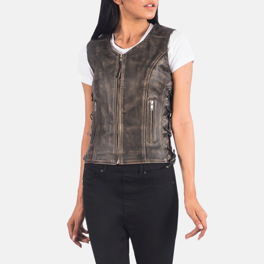 Vanda Distressed Brown Leather Biker Vest - Image 4