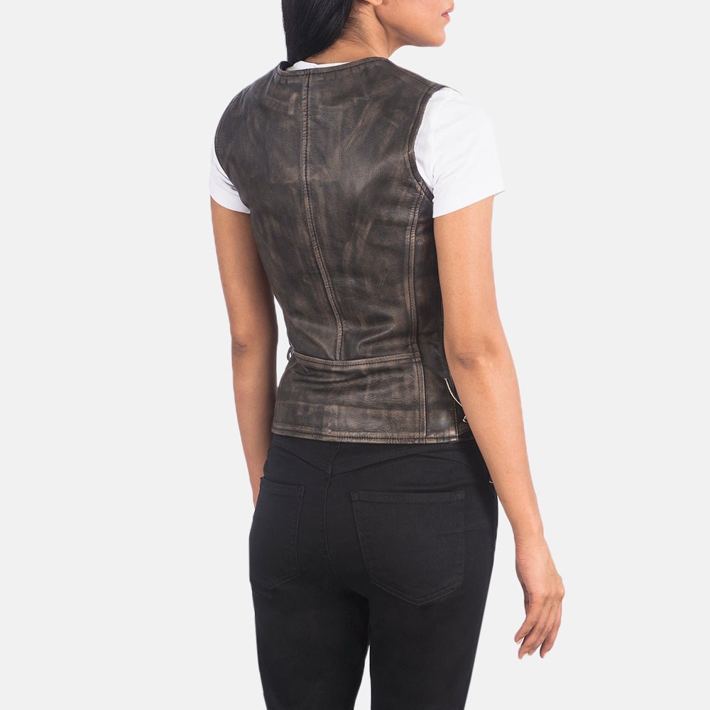 Vanda Distressed Brown Leather Biker Vest - Image 5