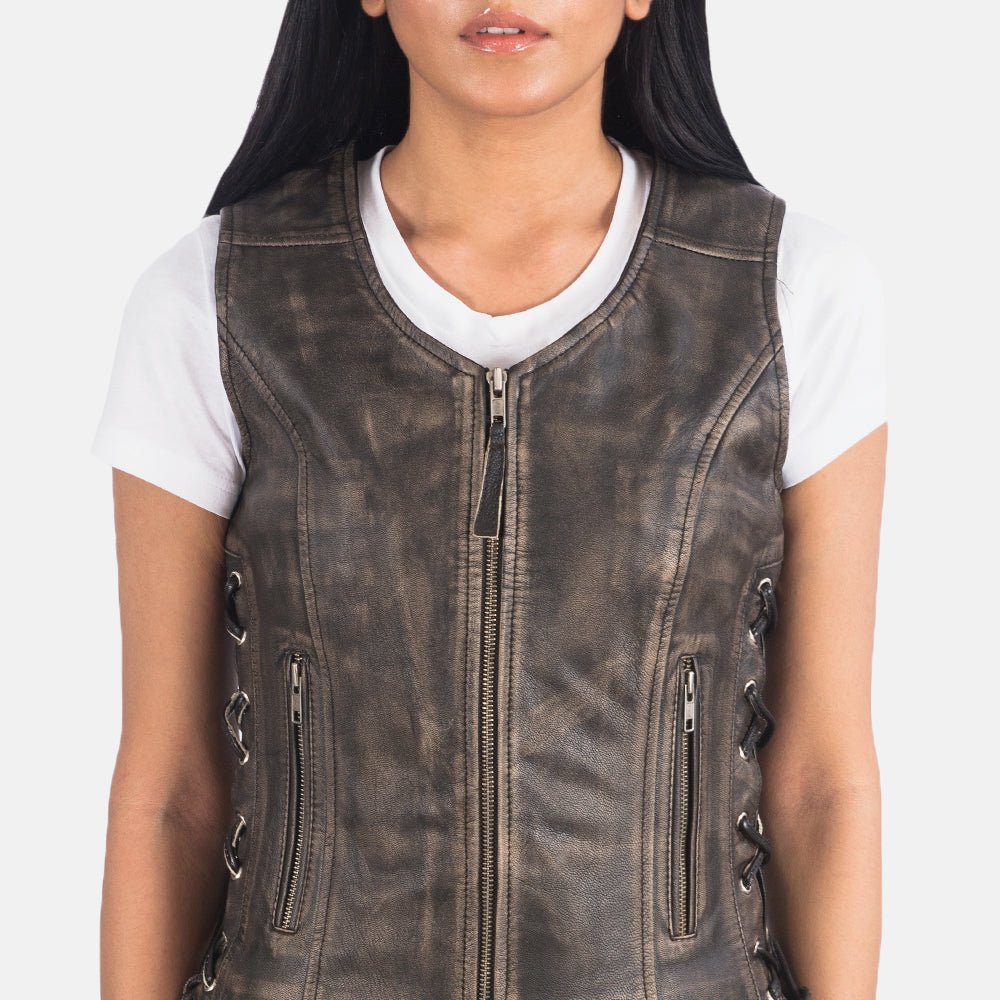 Vanda Distressed Brown Leather Biker Vest - Image 6